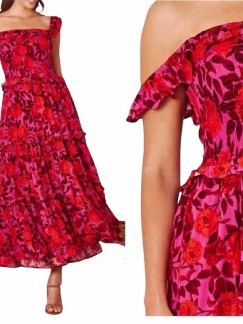 Off-Shoulder Floral Midi Dress in Fuchsia Pink